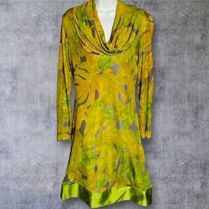 Beautiful 60's Mod Dress Vintage Green/Yellow  Cowl Neckline Size Large